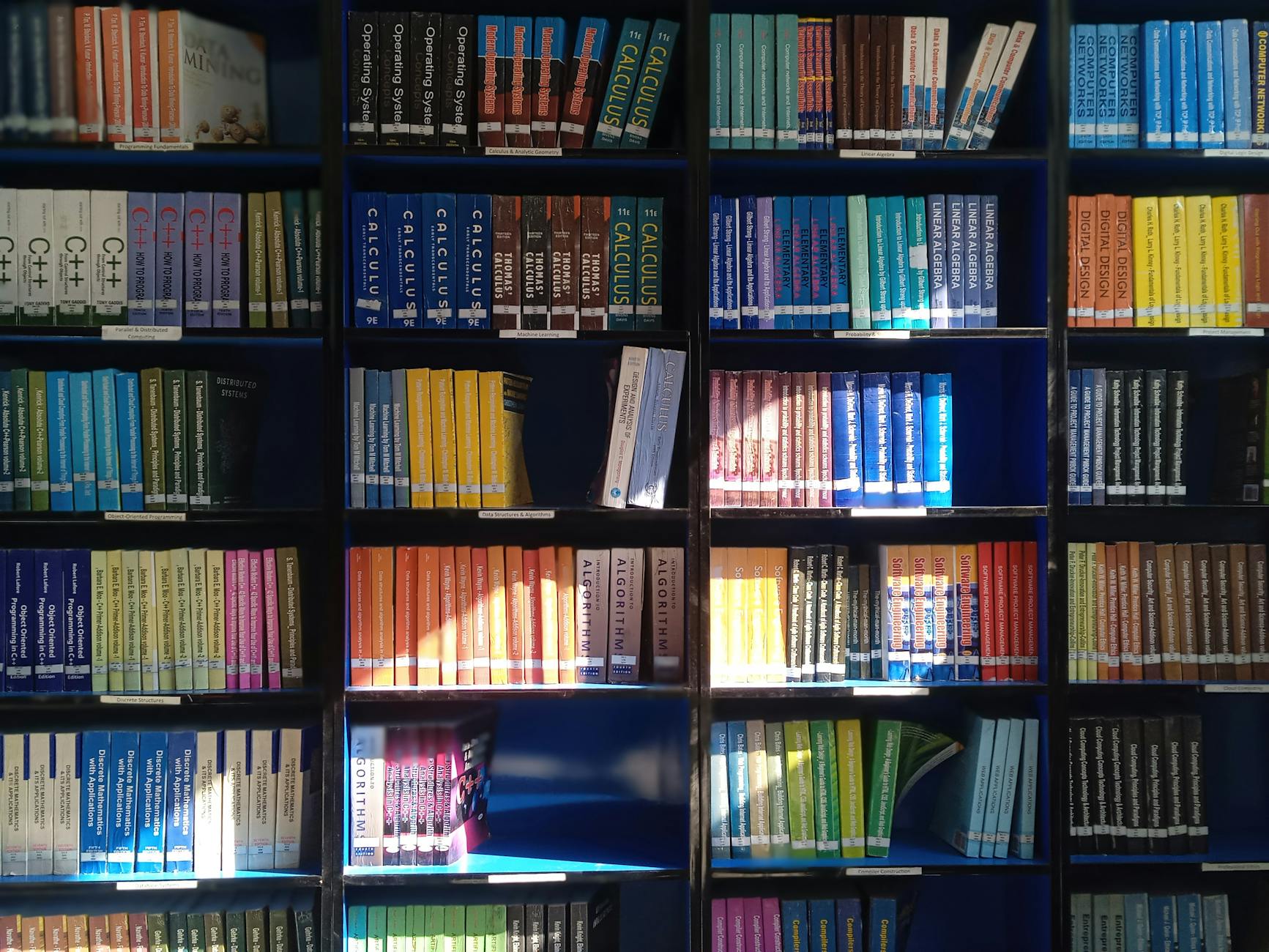 Półka biblioteczna z kolorowymi książkami popularnonaukowymi o różnych dziedzina
